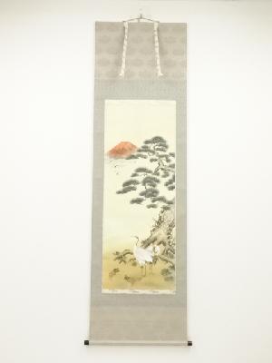 桂山筆　吉祥鶴亀　肉筆絹本掛軸（共箱）